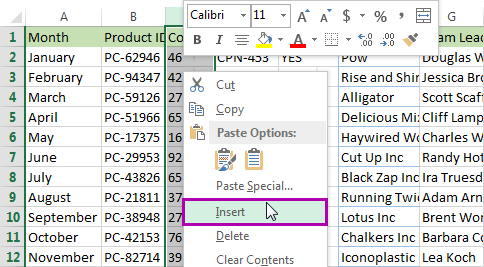 Right-click on the selected column and pick the Insert option