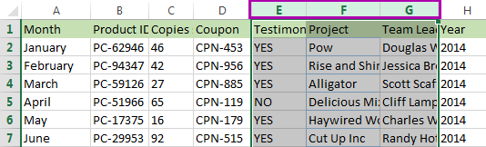 Highlight several columns by selecting the column buttons