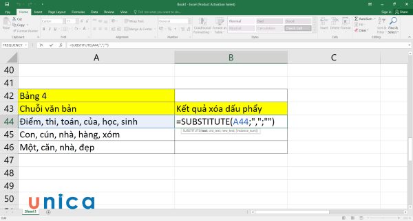 Nhập công thức SUBSTITUTE vào B44
