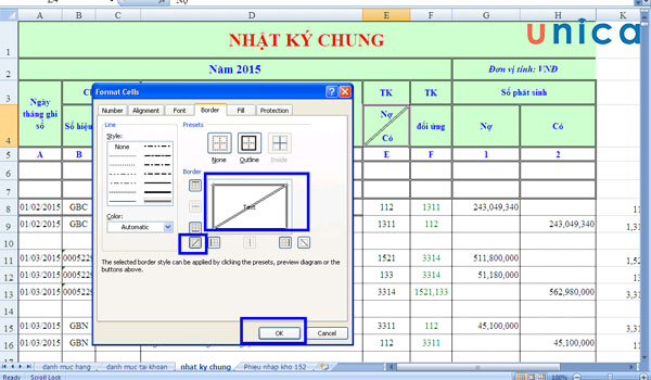 Thao tác thêm một đường chéo trong một ô