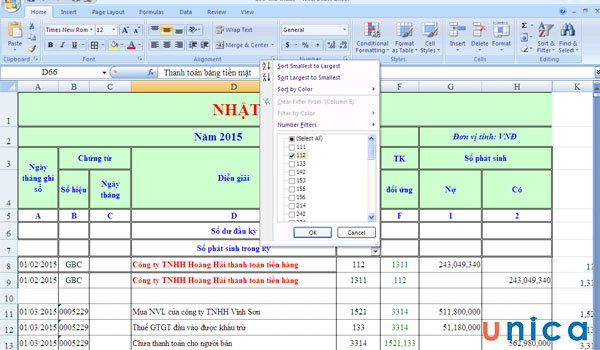 Chức năng lọc excek vào sổ kế toán