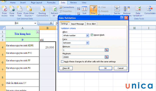 Hộp thoại Data Validation