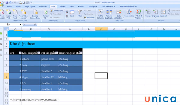 Ví dụ quản lý hàng hoá bằng Data Validation