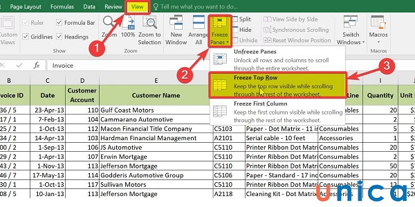 Thao tác cố định dòng đầu tiên trong excel