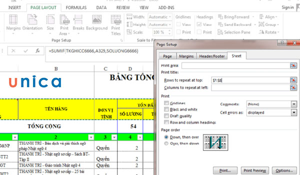 Thao tác in văn bản từ Excel khi sang trang vẫn có tiêu đề