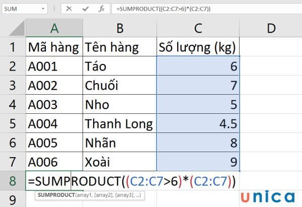 Dùng hàm SUMPRODUCT để tính tổng theo điều kiện