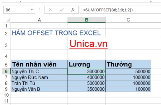 Hàm OFFSET kết hợp với hàm SUM