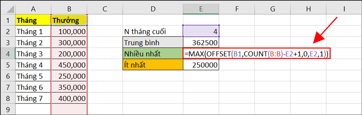 Hàm OFFSET kết hợp hàm MAX