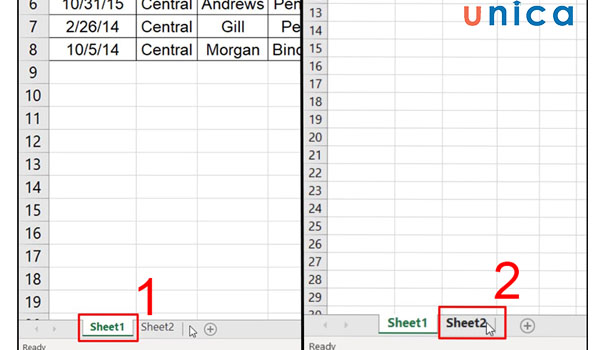 Chọn sheet 1 và sheet 2