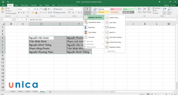 So sánh 2 cột bằng Conditional Formatting