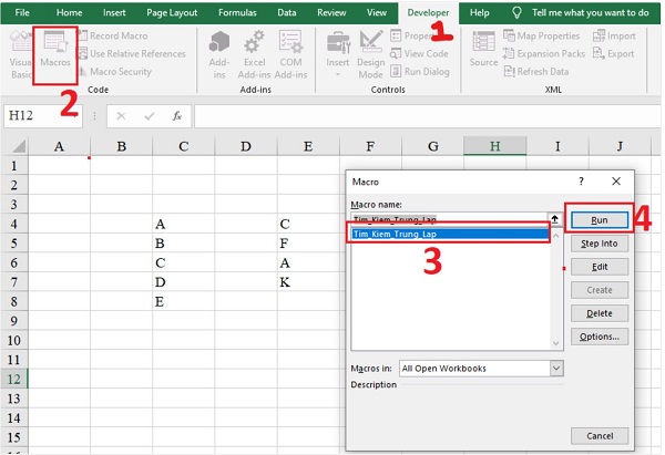 Tìm giá trị trùng nhau ở 2 cột trong excel bằng mã VBA