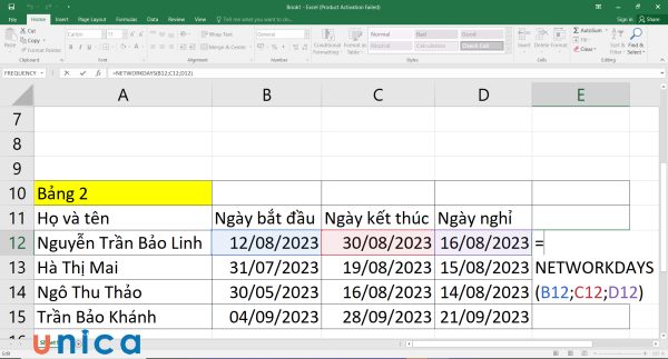 Nhập công thức NETWORKDAYS