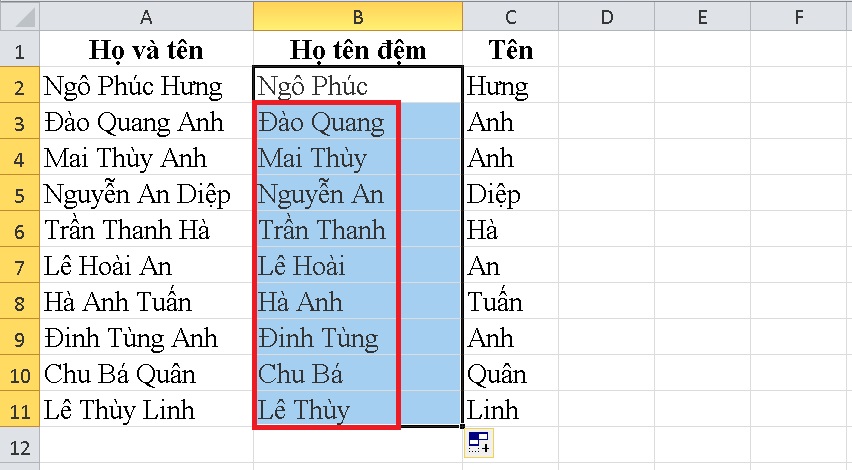 Kết quả tách họ và tên bằng hàm