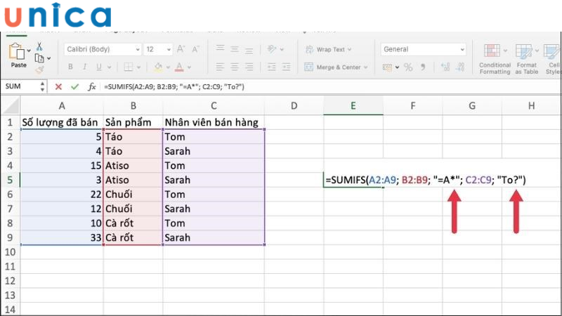 Ví dụ dùng ký tự đại diện trong Excel