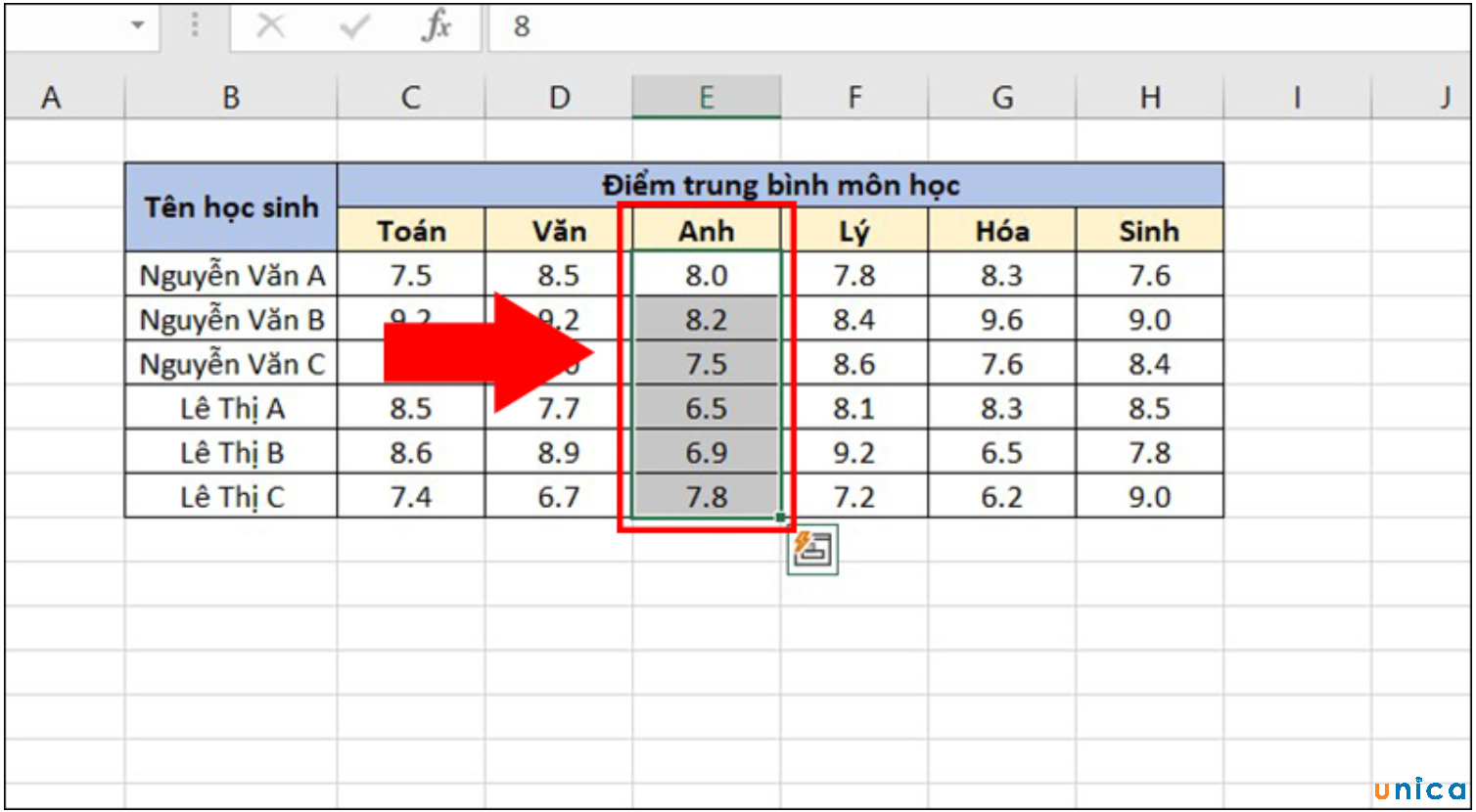 Chọn giá trị trong cột Anh