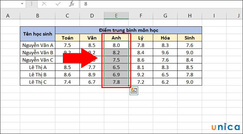 Chọn vào cột E