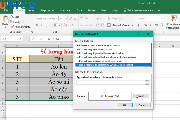 Chọn Use a formula to determine which cells to format