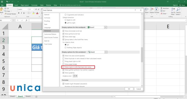 Bỏ chọn ô Show a zero in cells that have zero value