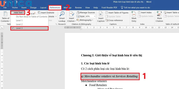 Chọn level 3 để xác định các mục nhỏ, mục con