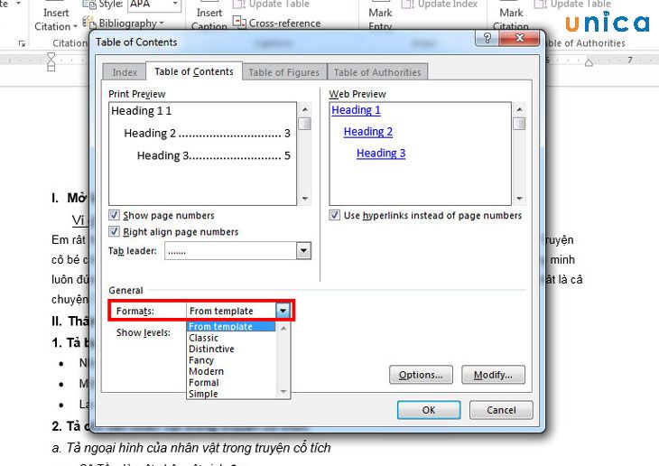 Chọn kiểu định dạng cho mục lục tại Formats