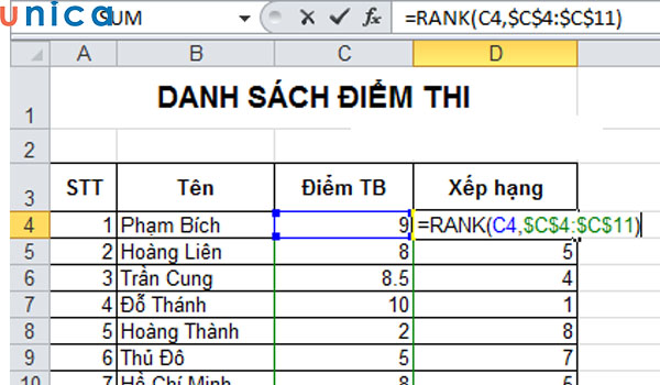 Công thức xếp hạng trong excel bằng hàm Rank