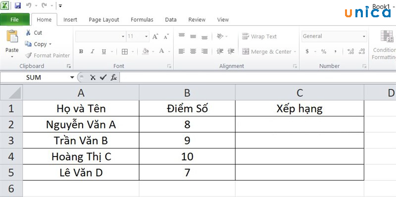 Dùng hàm RANK Excel xếp hạng thứ tự học sinh