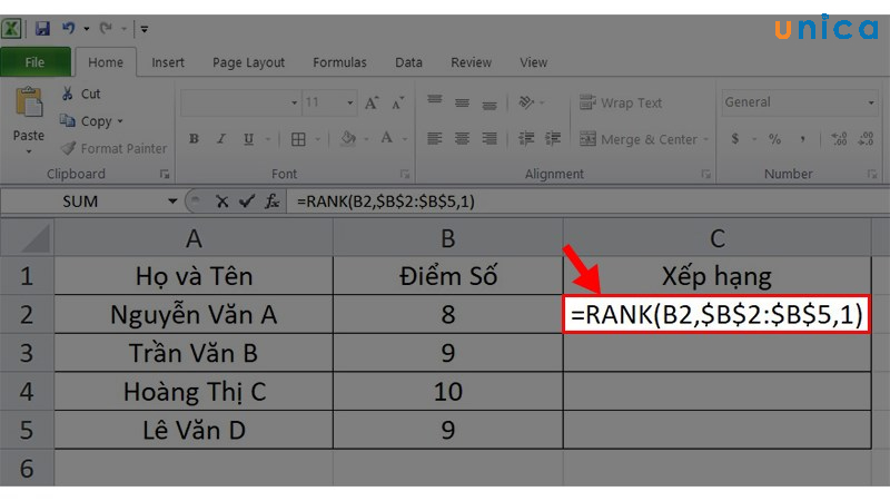 Nhập công thức RANK