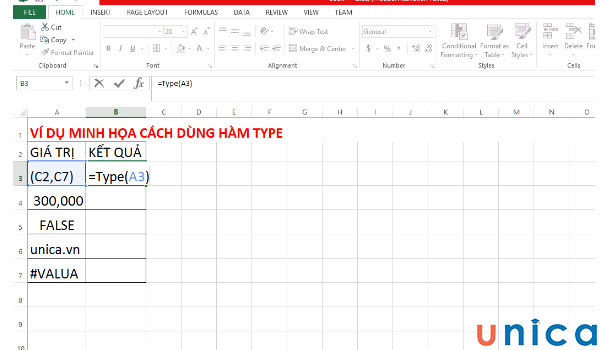Nhập hàm TYPE vào ô
