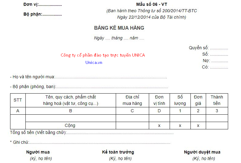 Cách tạo mẫu bảng kê mua hàng theo thông tư 133 trên excel 2