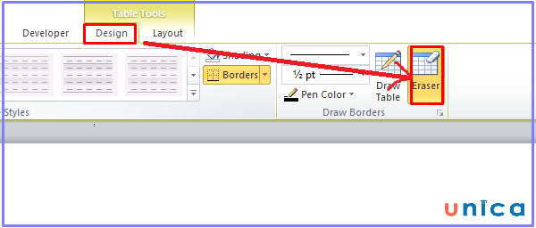 Chọn Design của Table Tools và chọn Eraser