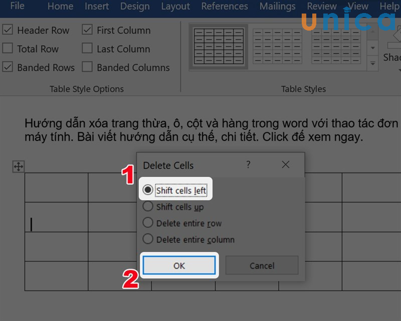 Chuột trái chọn Delete Cells