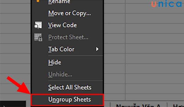 Chọn Ungroup Sheets