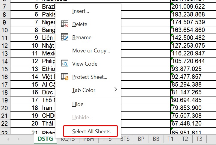 In tất cả các Sheet trong Excel