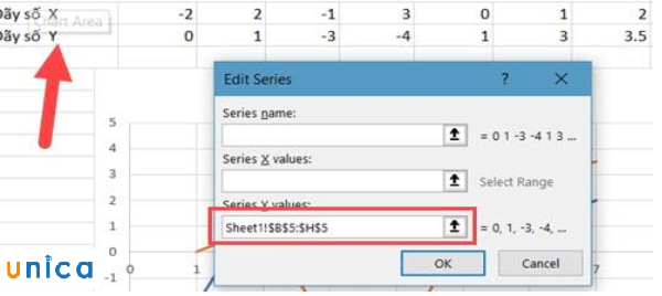 Nhập giá trị cho Series Y Values bằng cách kéo thả chuột trên toàn bộ hàng giá trị Y