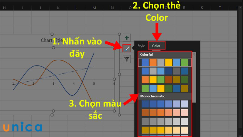 Chọn thẻ Color rồi chọn màu sắc mà bạn muốn đổi cho đồ thị