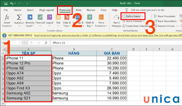 Chọn Formulas và chọn Define Name