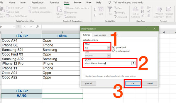 Nhập tên các thành phần cần có trong list