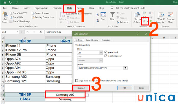 Thao tác xoá chọn list trong excel