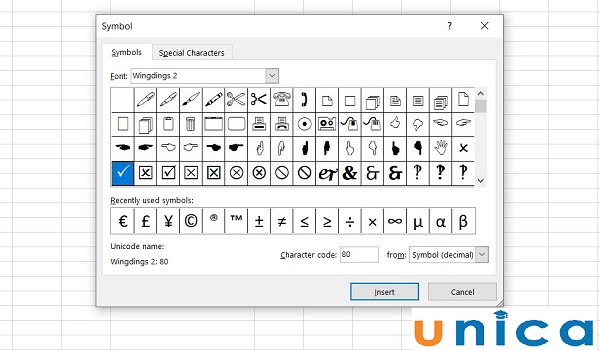 Nhấn chọn Wingdings 2 để chọn dấu tích