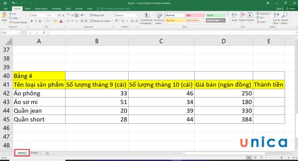 Đặt chuột vào sheet 2