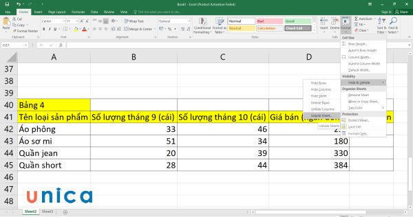 Chọn Unhide Sheet trên thanh công cụ