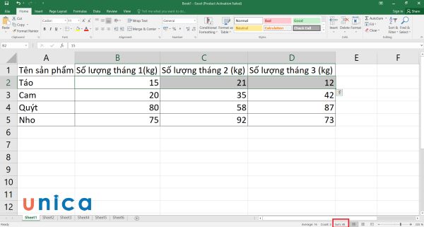 Kết quả tính tổng ở thanh trạng thái