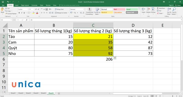 Bôi đen vùng dữ liệu từ C2 đến C5