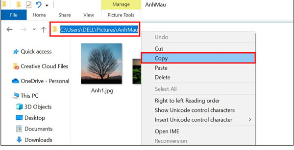 Chọn Copy để sao chép đường dẫn thư mục ảnh.