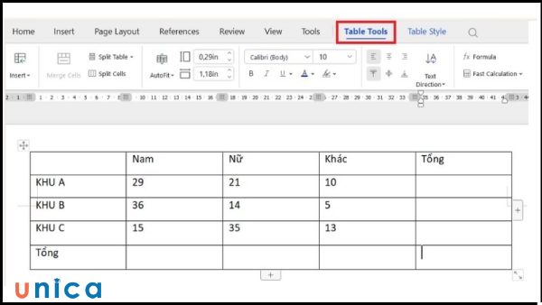 Chọn tab Layout trong Table Tools