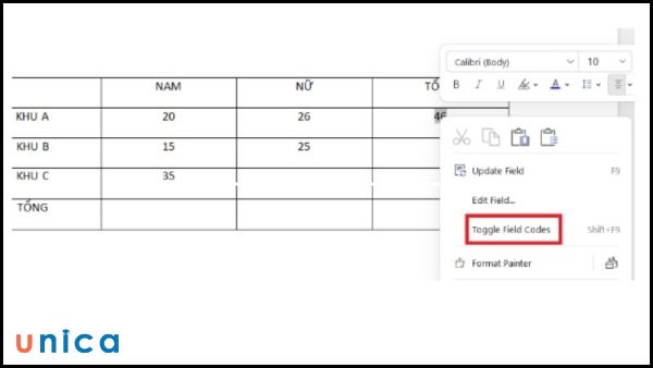 Chọn Toggle Field Codes