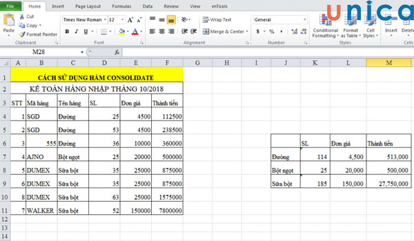 Kết quả hoàn thành quá trình sử dụng Consolidate trong excel