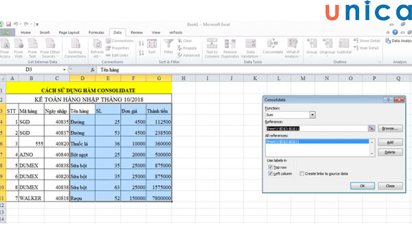 Thao tác sử dụng Consolidate trong excel