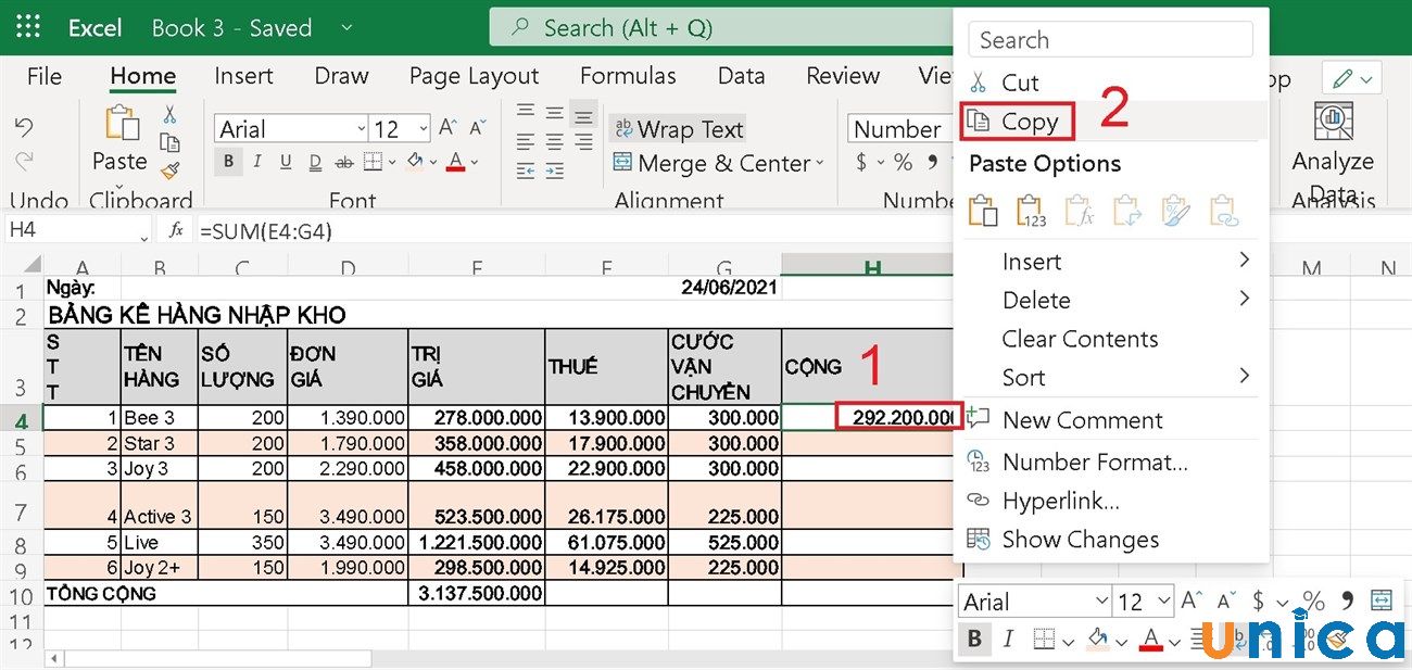 Nhấn copy công thức