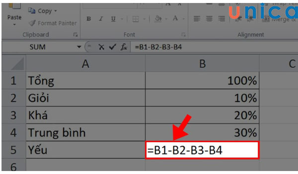 Ví dụ trừ % trong Excel